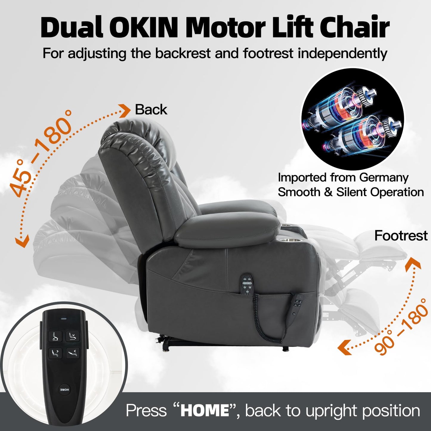 EZZUP Lay Flat Lift Recliner Chair with Massage & Heat for Elderly People, Electric Power Lift Chair w/Dual Motor, 2 Stainless Steel Cup Holders and 2 Remote Controls, Breathable Leather Grey