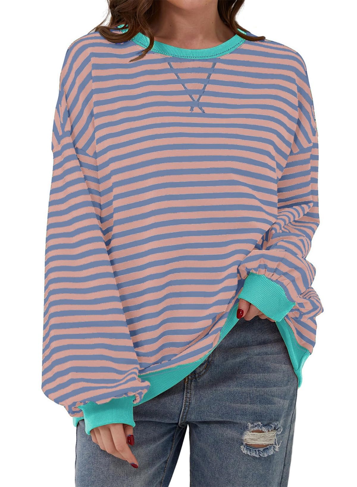 AlvaQ Oversized Sweatshirt for Women Fall Winter 2024 Outfits Crew Neck Pullover Tunic Striped Sweatshirts Long Sleeve Tops Y2K Clothes Purple Large
