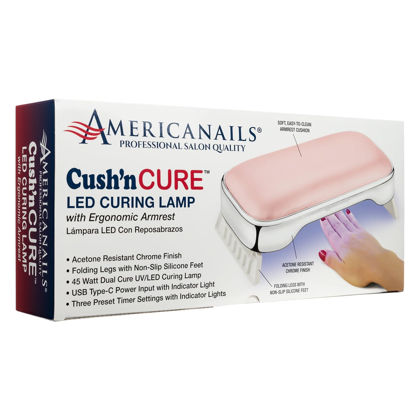 Americanails Cush'n Cure LED Nail Curing Lamp with Armrest, USB Type-C Power Input, Acetone-Resistant Finish, and Soft, Easy-to-Clean Armrest Cushion