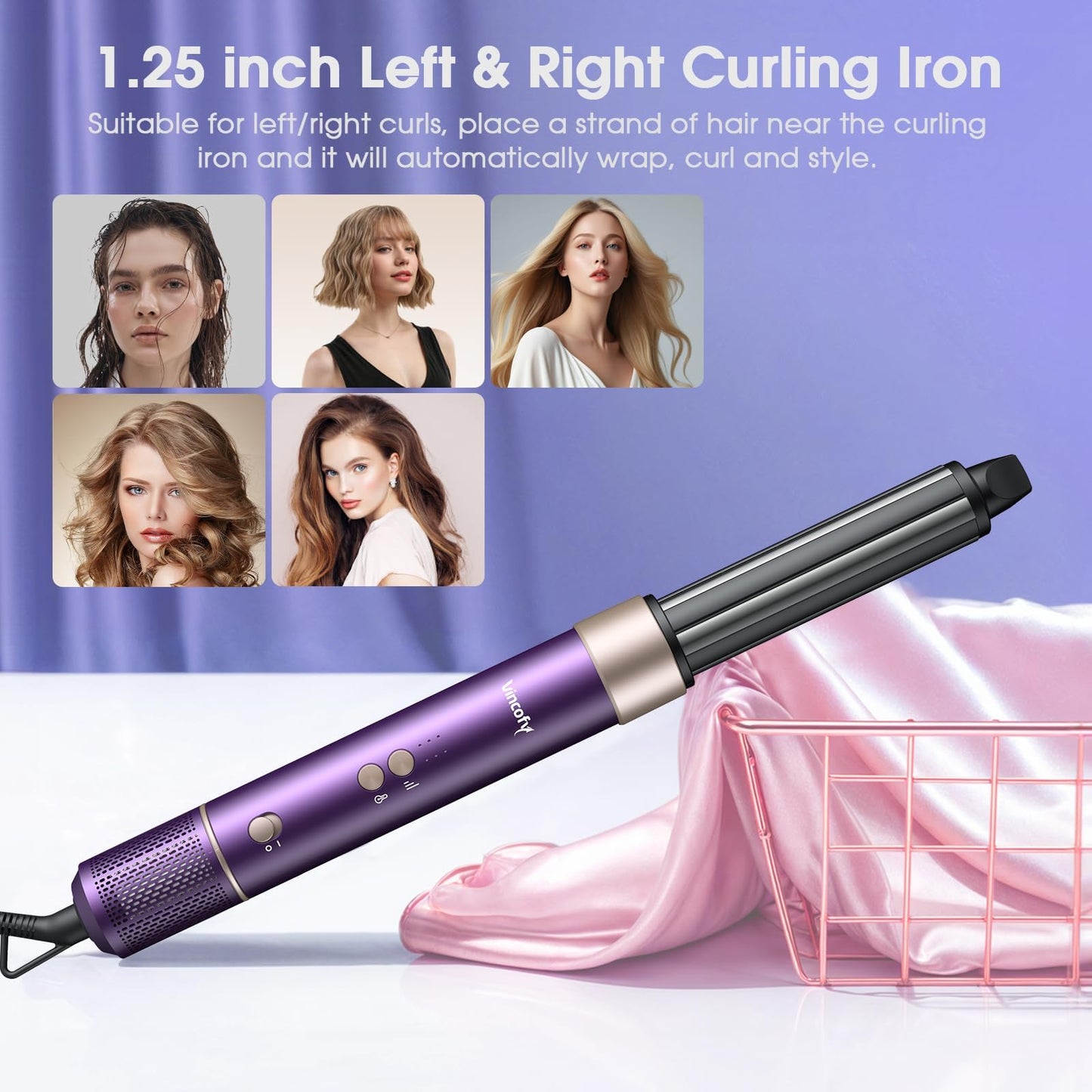 Vincofy 7-in-1 Hair Dryer Brush and Hair Styler Set – Fast Drying, Curling, Straightening & Volumizing – Hot Air Styling Tool with No Heat Damage – for All Hair Types – Lavender