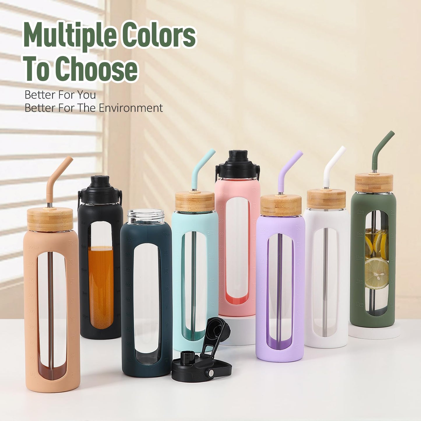 Kodrine Glass Water Bottles 32 oz Water Bottle with Straw, Sports Water Bottle with Handle, Clear Water Bottle with 2 lids Bamboo Lid and Spout Lid, Wide Mouth Water Bottle with Sleeve, Olive