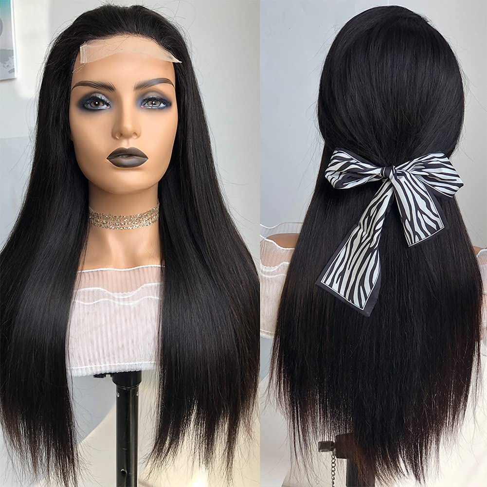 Ainimiu Straight Lace Closure Wigs Human Hair Pre Plucked 180% Density Glueless 12A Brazilian Virgin Hair 4x4 Lace Front Wigs Human Hair For Black Women Natural Black Wig With Baby Hair 18inch