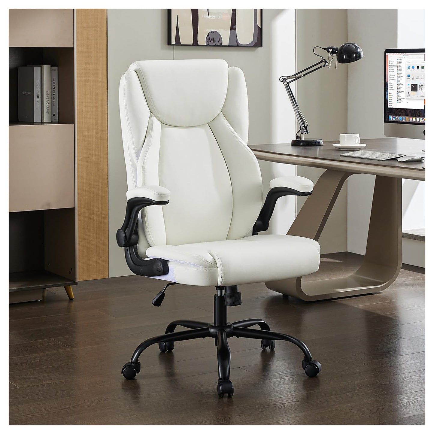 amseatec Office Chair, Big and Tall 400 Lbs Ergonomic Home Computer Desk Leather Chair with Padded Flip Arms, Adjustable Tilt Lock, Double Lumbar Support, Swivel Chair for Working & Study (White)