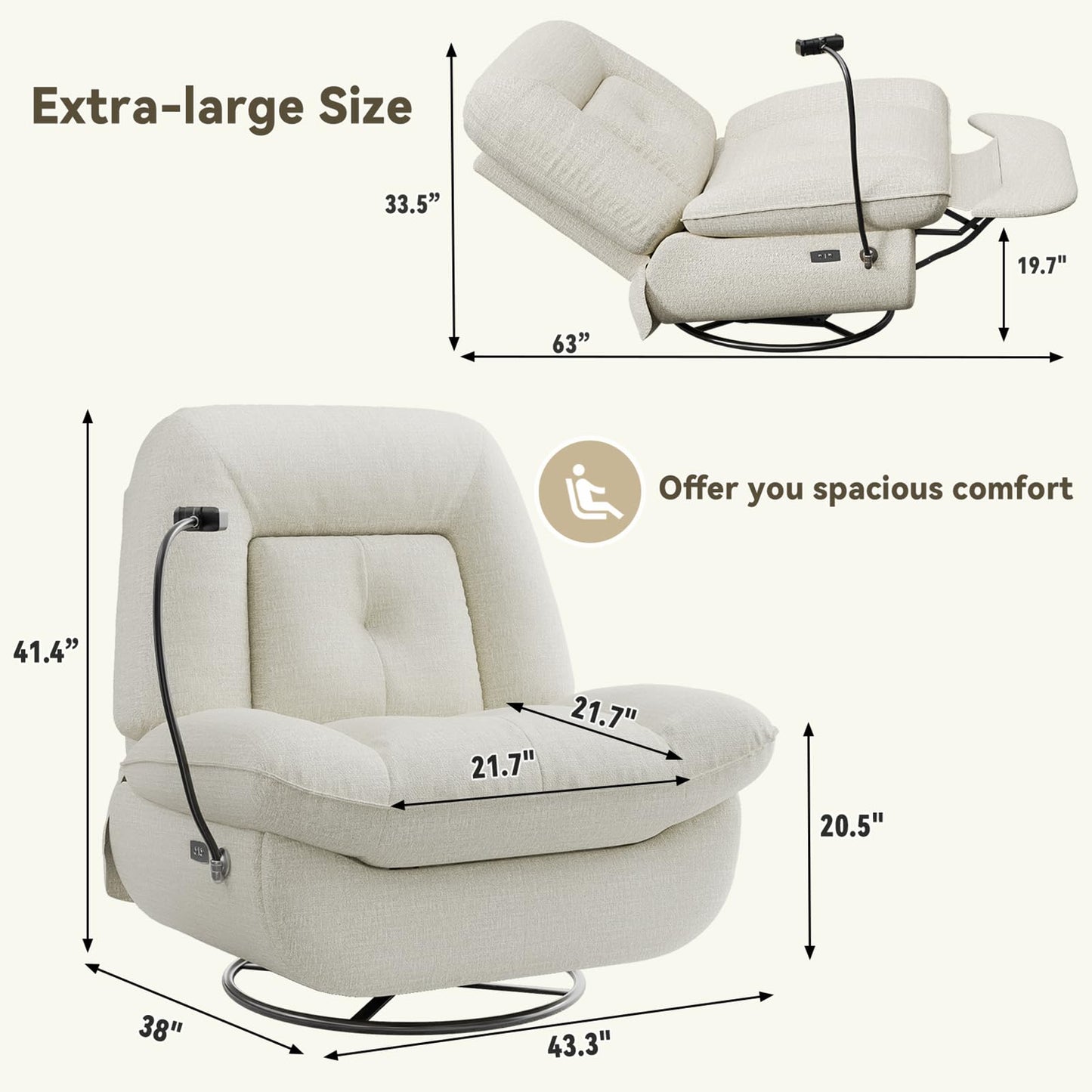 Oversized Power Swivel Rocker Recliner Chair - USB Port, Recliner Chairs for Adults, Reclining with Phone Holder, Hidden Storage, Designed for Effortless Movie Nights & Relaxation (White)
