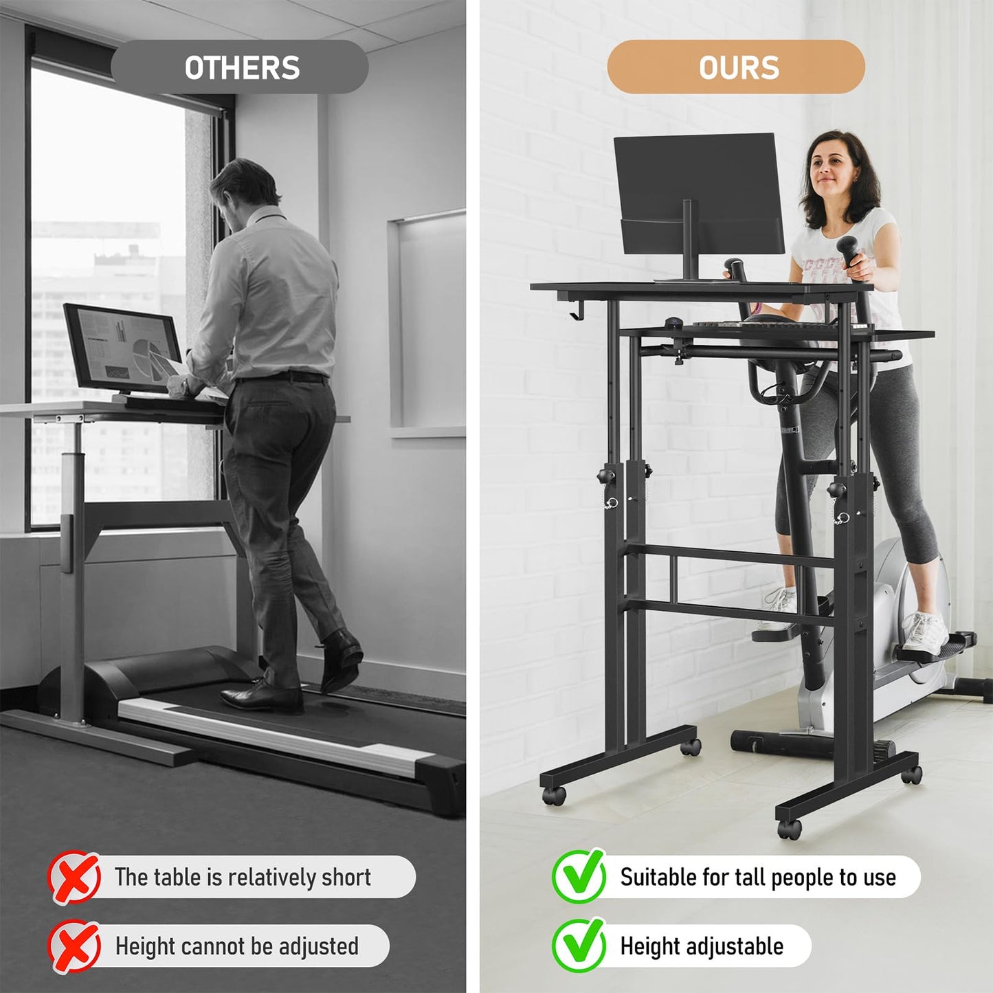 Enayplon Small Standing Desk with Wheels, Tall Mobile Stand Up Table, Portable Standing Desk for Walking Pad, Rolling Table Adjustable Height, Rolling Computer Table for Tall Person