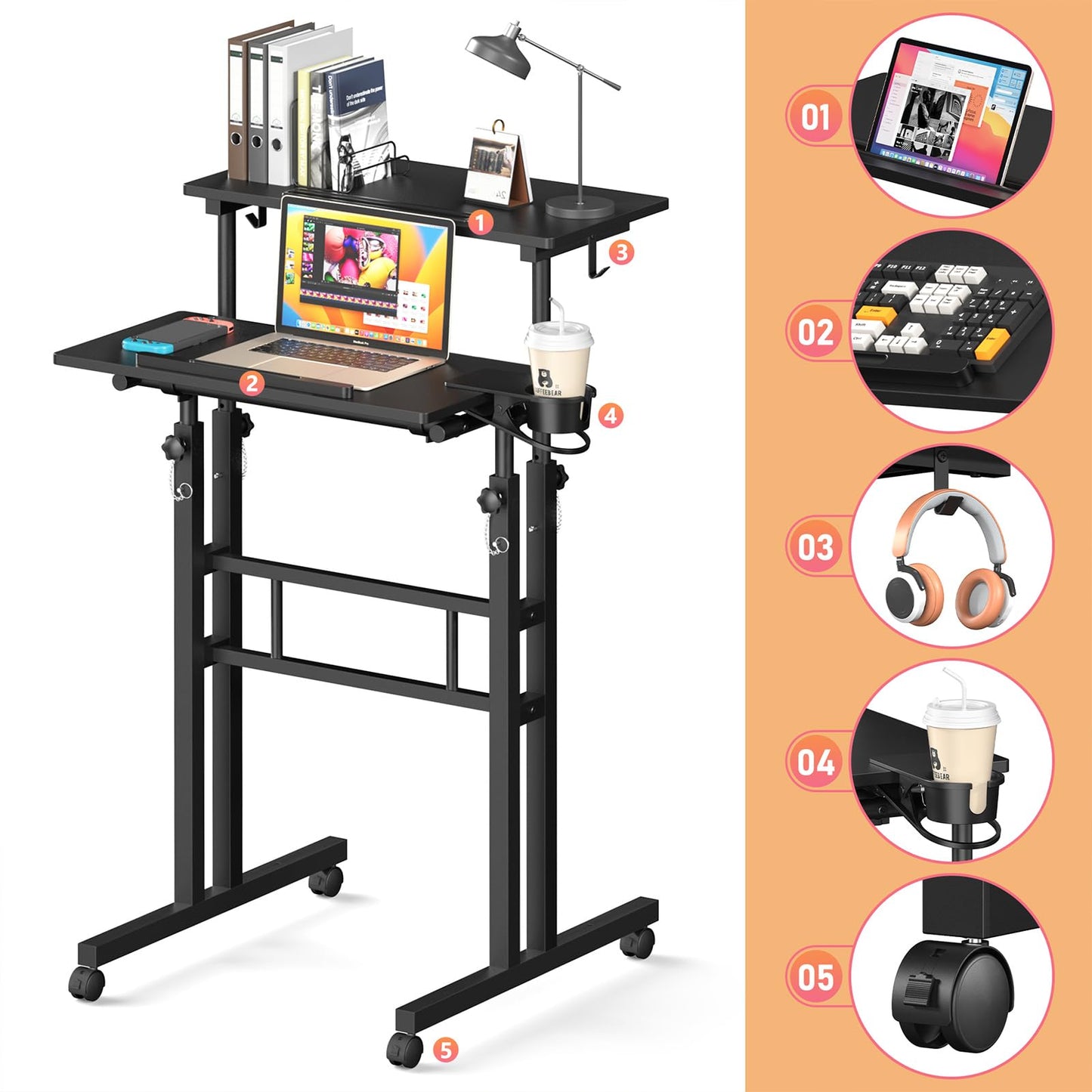 Enayplon Small Standing Desk with Wheels, Tall Mobile Stand Up Table, Portable Standing Desk for Walking Pad, Rolling Table Adjustable Height, Rolling Computer Table for Tall Person
