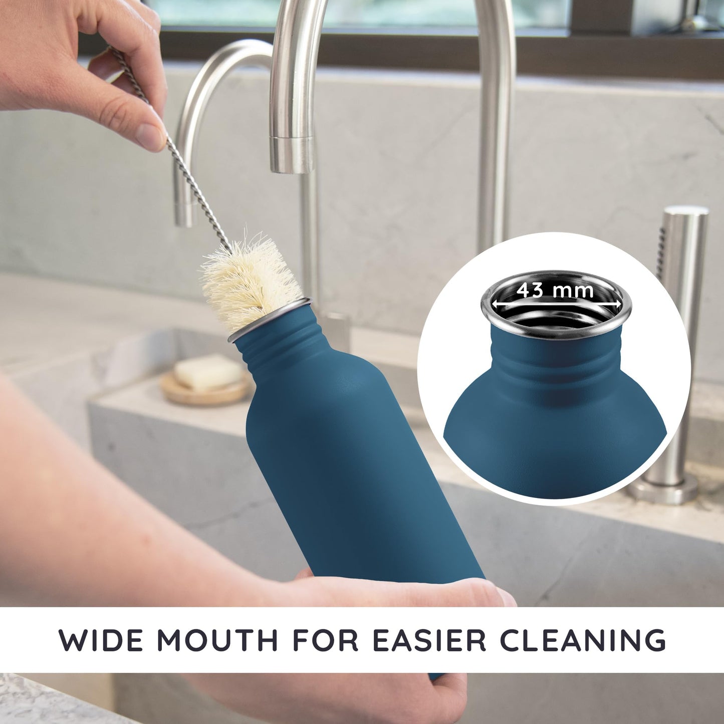 Bambaw Small Metal Water Bottle 16 oz, Navy Blue Water Bottle Dishwasher Safe, Non-insulated Single Wall Stainless Steel Bottle, Small Water Bottle Reusable, Water Bottle no Straw – Aegean Blue