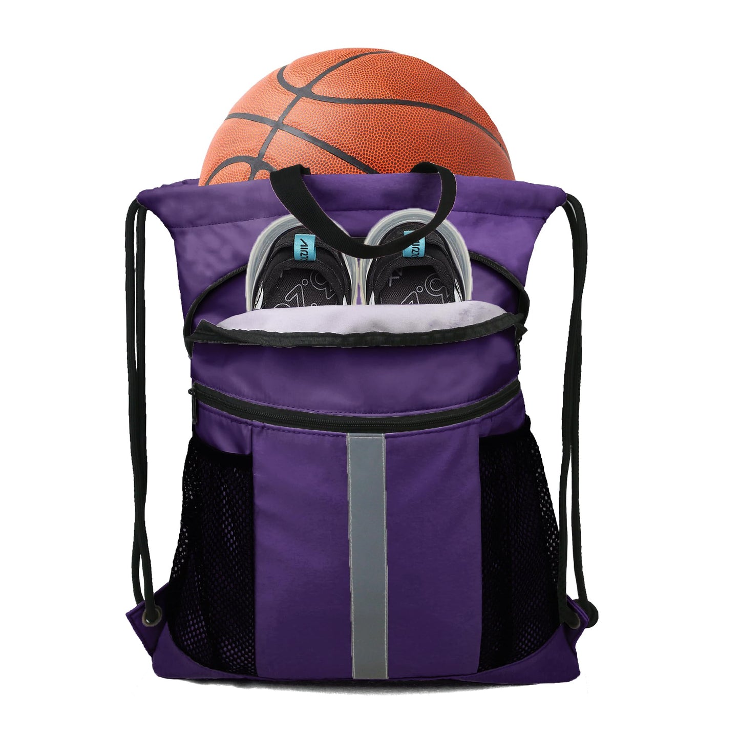 BeeGreen Purple Drawstring Backpack Bag with Shoe Compartment X-Large Gym Sports String Cinch Sackpack with Front Inside Zipper Pockets 75D