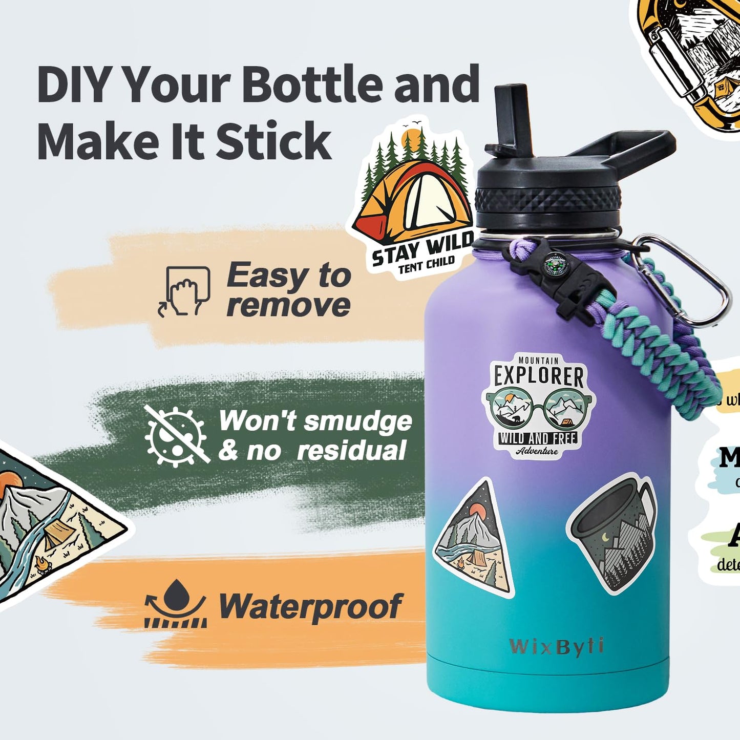 WixByti 64 oz Insulated Water Bottle with Straw (Cold for 48 Hrs), Half Gallon Stainless Steel Triple Wall Vacuum Sports Water Jug, Leakproof Hydro Cup Flask with Straw Spout Lids & DIY Stickers