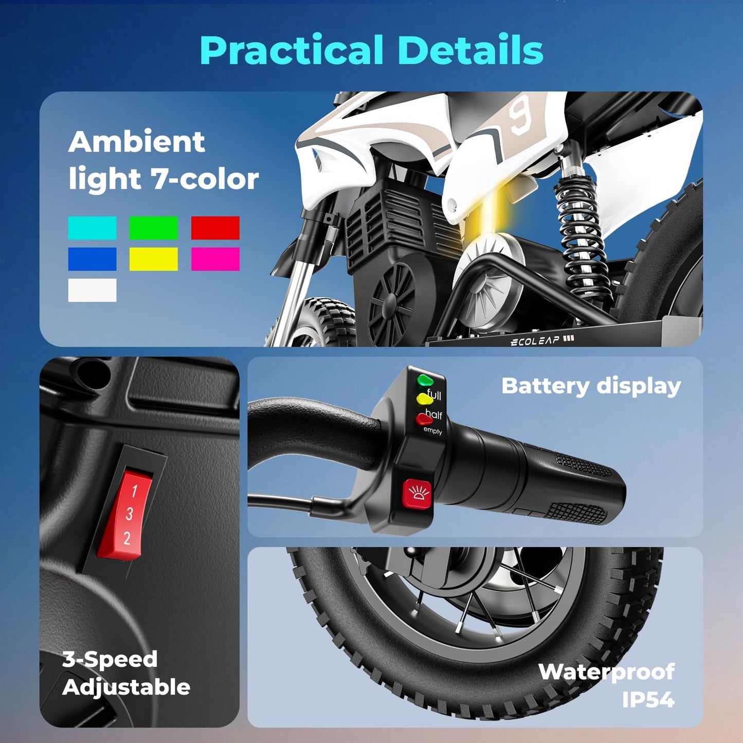 ECOLEAP 36V Kids Electric Dirt Bike 700W Peak Motorcycle,16MPH Fast Speed 10Mile Long-Range,3-Speed Modes Electric Bike for Kids Ages 3-10