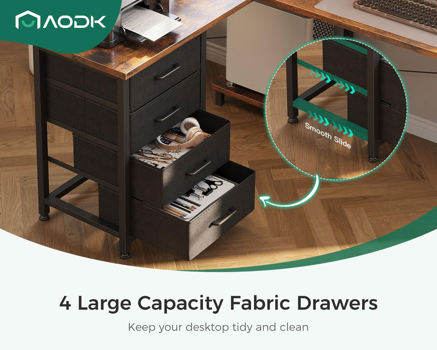 AODK L Shaped Desk with 4 Tier Drawers, 61" Reversible Gaming Desk with Power Outlets, L Shaped Computer Table with USB Charging Port and Host Stand, Home Office Table, Easy to Assemble, Vintage