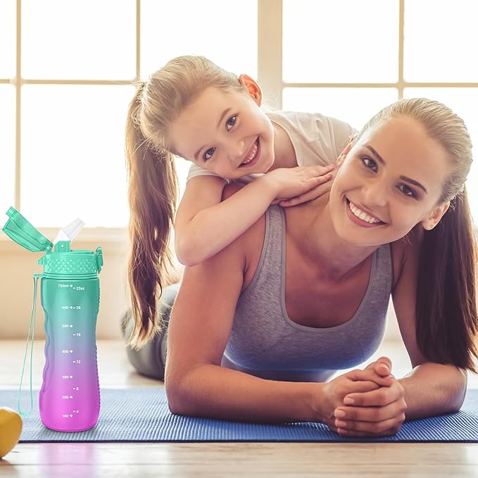 OLDLEY Kids Water Bottle for School, 25 oz (Straw Lid) BPA-Free Reusable Leak-proof Durable Tritan Plastic Water Bottles with One-handed Opening Straw Lids, Anti-dust Spout Cover (Blue-Purple)