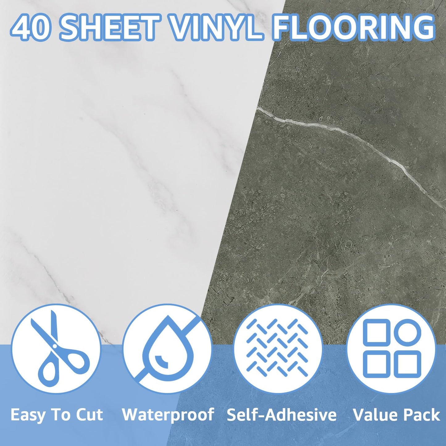 AKOLAFE 40 Sheet Vinyl Flooring 12x12 Peel and Stick Floor Tile Waterproof Clearance Vinyl Floor Tiles White & Grey Marble Self Adhesive Floor Tiles Sticky Laminate Flooring for Bathroom Kitchen RV