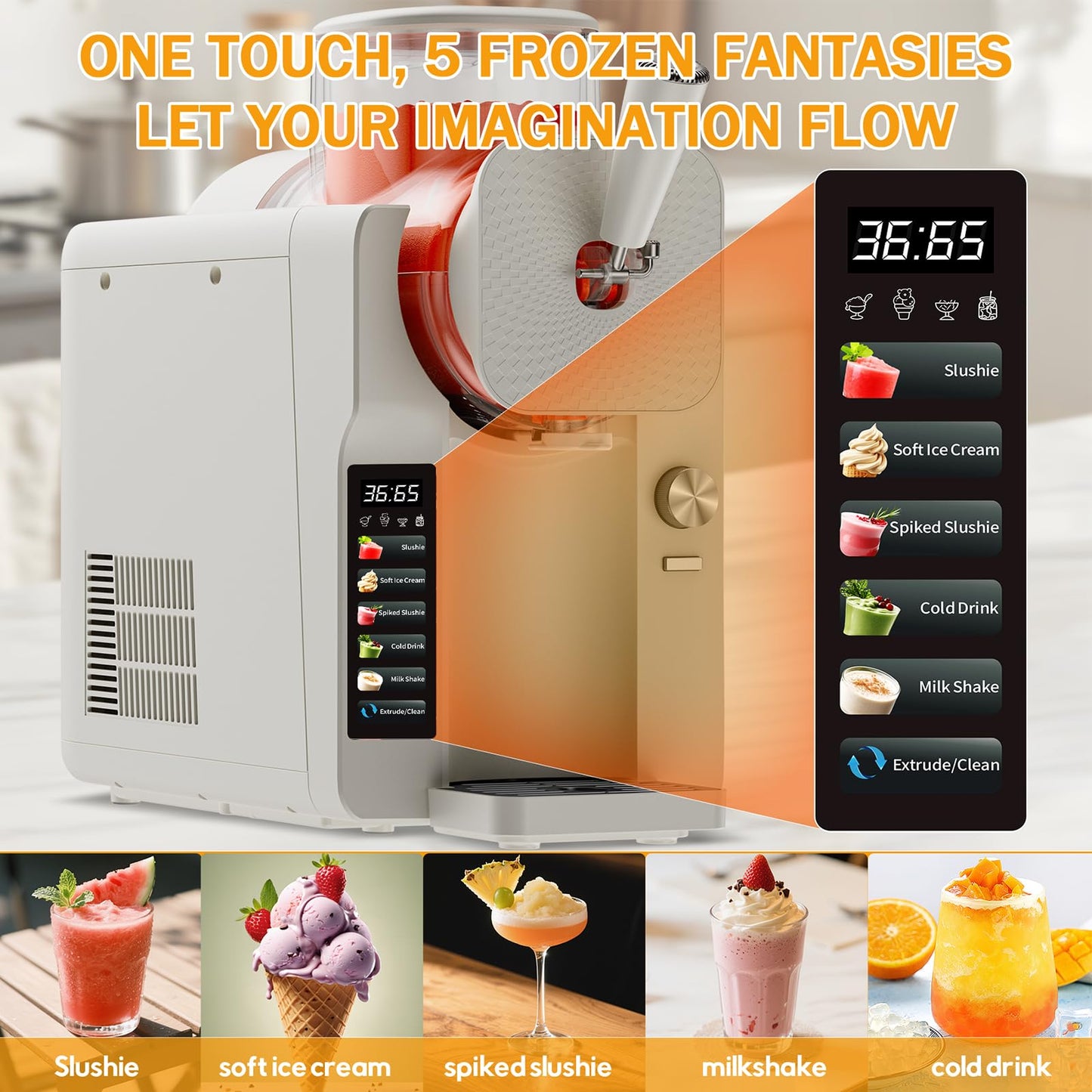 5-IN-1 Ice Cream & Slushie Maker Machine with LCD Display - 2L Large Capacity, Self-Cleaning, 12 Texture Levels for Soft Serve, Cocktails, Milkshakes, Home Party Bar (65dB Quiet)