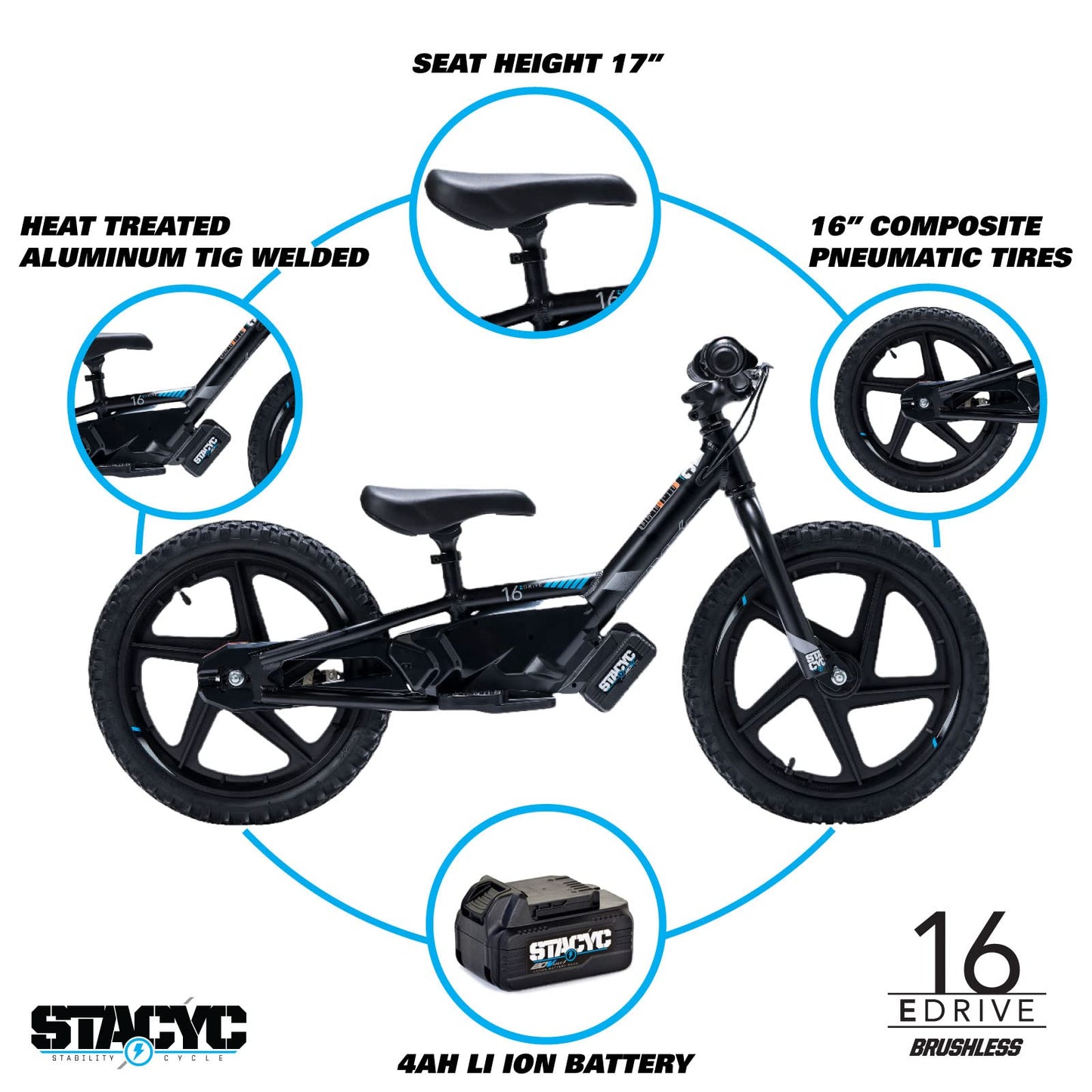 STACYC Brushless 16eDRIVE Electric Balance Bike for Kids Ages 5-7 Years Old
