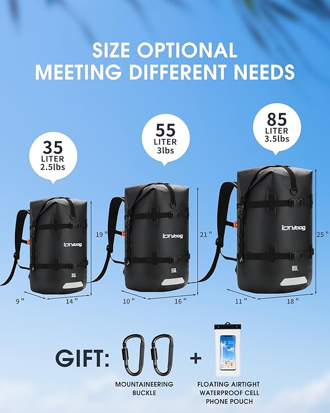 IDRYBAG Waterproof Backpack for Travel, Kayaking, Boating, Swimming, Floating Paddle Boarding - Submersible Dry Bag 35L/55L/85L