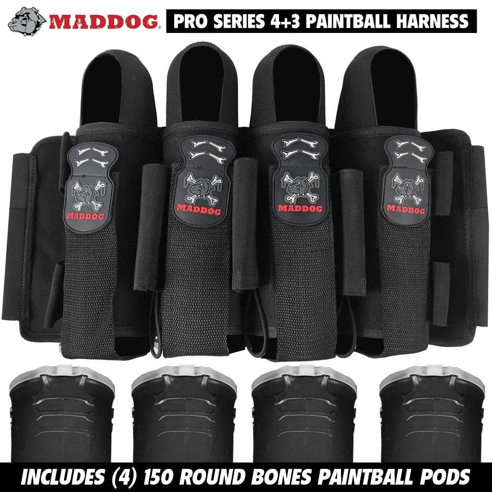 Maddog Pro 4+3 Paintball Harness Pod Pack with (4) 150 Round Bones Paintball Pods | Pod Ejection | Adjustable Elastic Velcro Belt