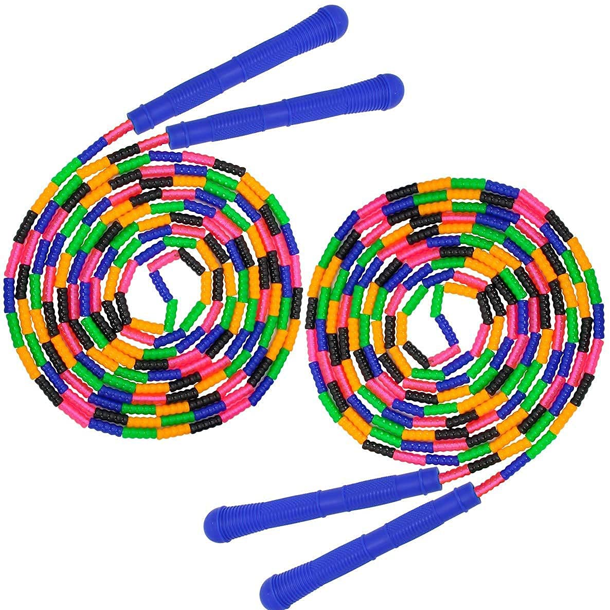 Coolrunner 16 FT Long Jump Rope(2 PACK), Double Dutch Soft Beaded Skipping Rope for Kids Adults, Plastic Segmented Jump Rope, Long Enough for 4-5 Jumpers(Rainbow) (Style 1) (Green) (Blue) (Blue)