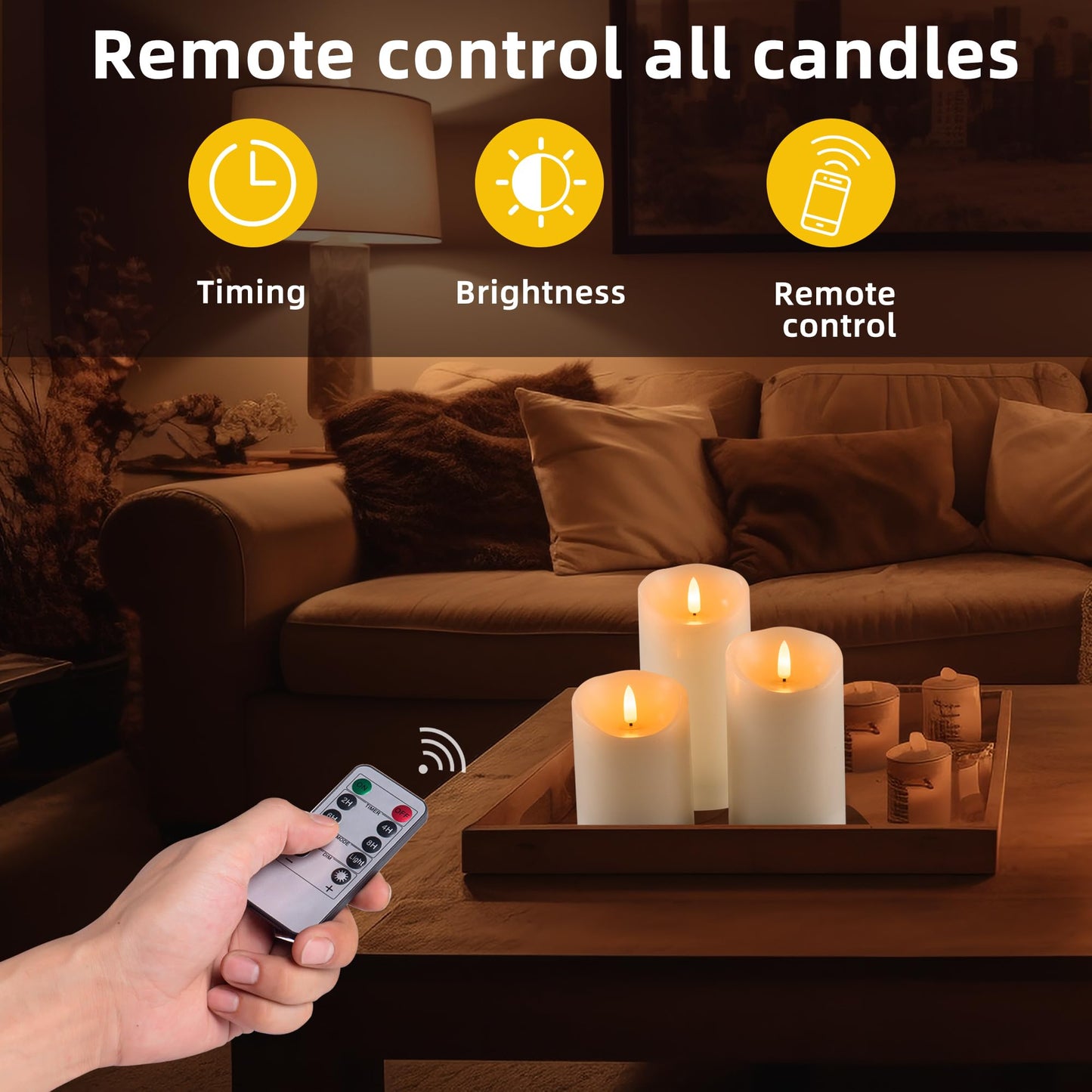 AKU TONPA Flameless Candles Battery Operated Pillar Real Wax Electric LED Flashing Candle Sets with Remote Control Cycling 24 Hours Timer, 4" 5" 6" Pack of 3 (Ivory)