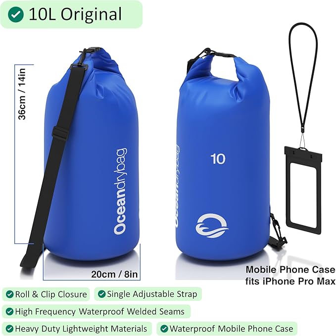 Oceandrybag - Waterproof Dry Bag Backpack - Floating Dry Sack Portable for Kayaking, Beach, Rafting, Boating, Hiking, Camping, Fishing with Waterproof Phone Case