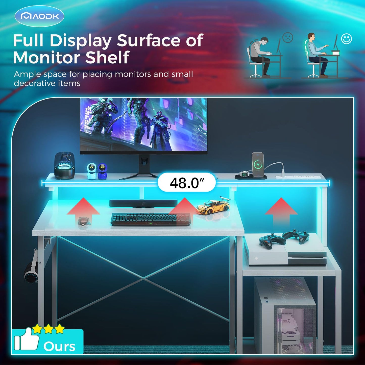 AODK Computer Desk, 48 Inch Gaming Desk with Led Lights & Power Outlet, Office Desk with Storage Shelves, Reversible Desk with Monitor Shelf & Headphone Hook, White