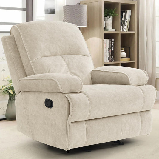 KeyEnergy Rocker Recliner Chair for Adults, Manual Glider Chair for Nursery, Reclining Single Sofa Chair for Living Room, Upholstered Fabric Armchair, High Back, Deep Seat, Beige