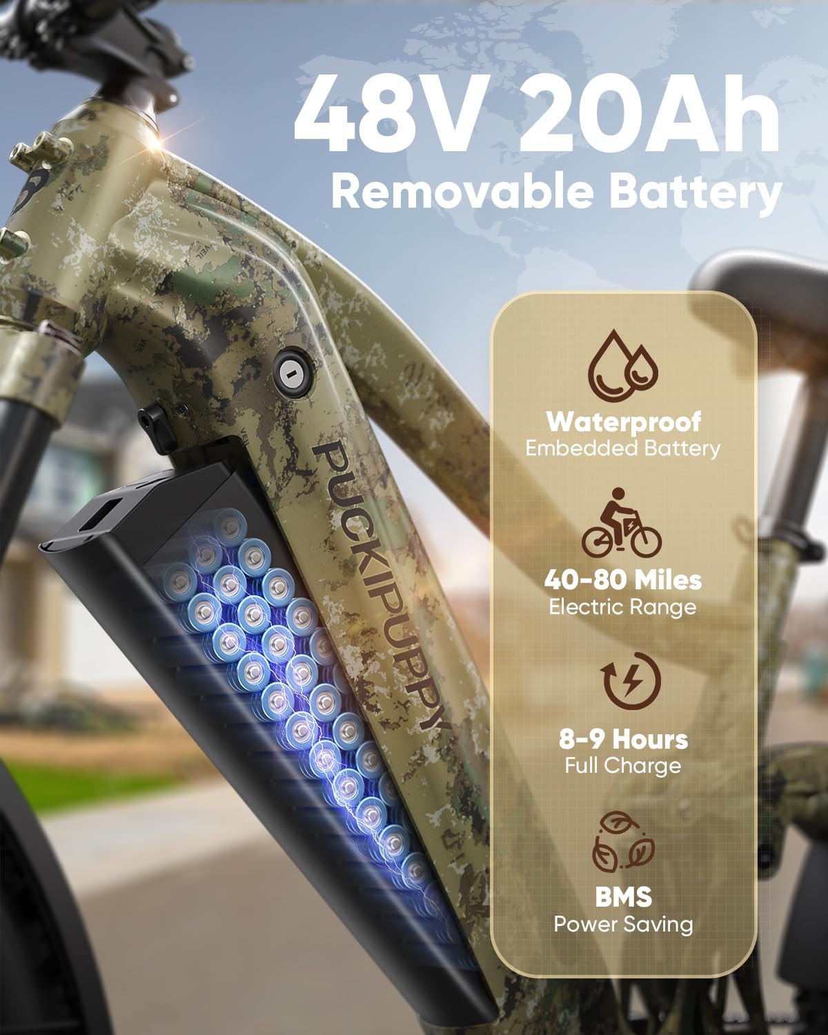 PUCKIPUPPY Boxer Electric Bike for Adults 960W, 48V 20AH Battery Ebike, Full Suspension 26" Fat Tire E Bike, 28MPH 80Miles Range Mountain Electric Bicycle, 7 Speed Hydraulic Disc Brakes