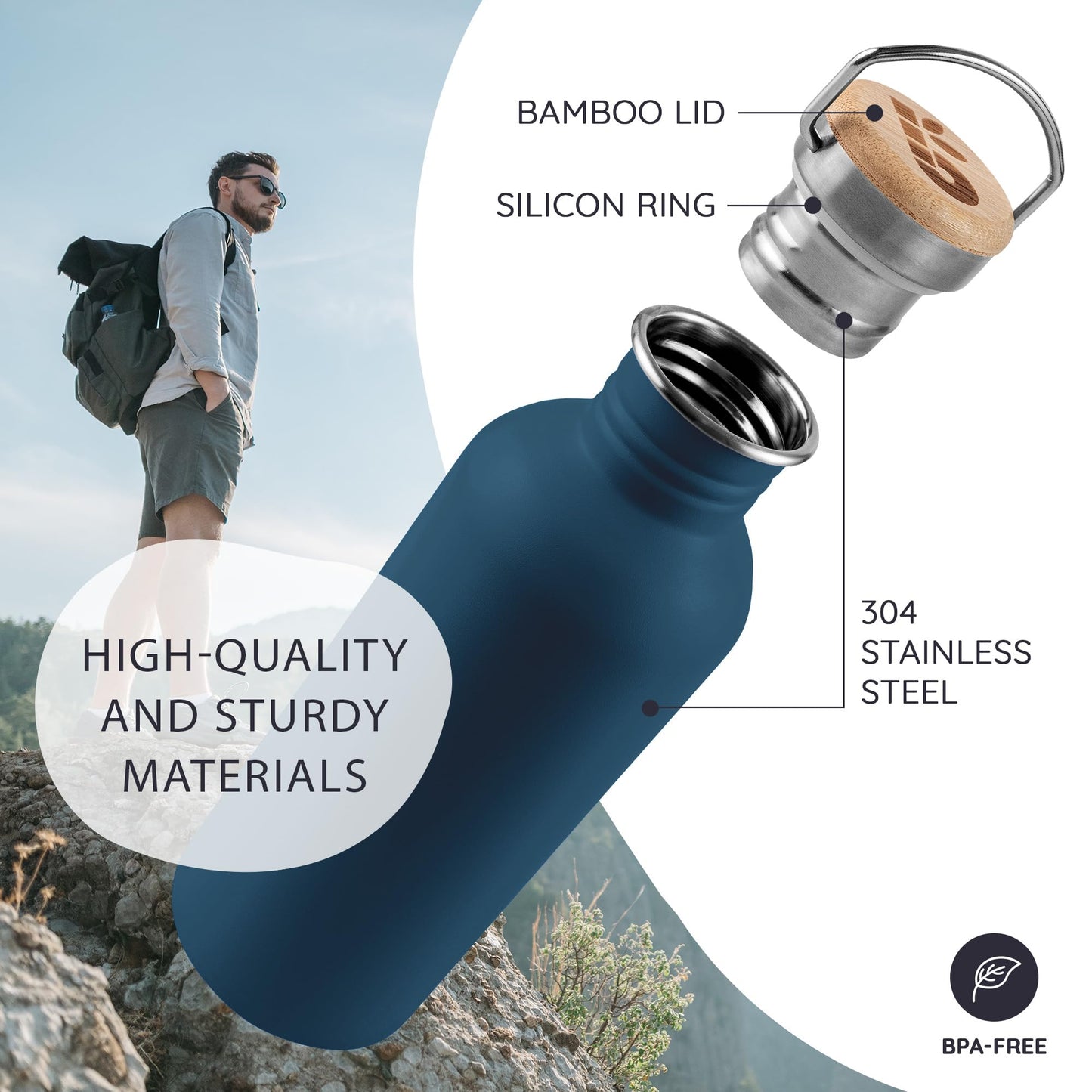 Bambaw Small Metal Water Bottle 16 oz, Navy Blue Water Bottle Dishwasher Safe, Non-insulated Single Wall Stainless Steel Bottle, Small Water Bottle Reusable, Water Bottle no Straw – Aegean Blue