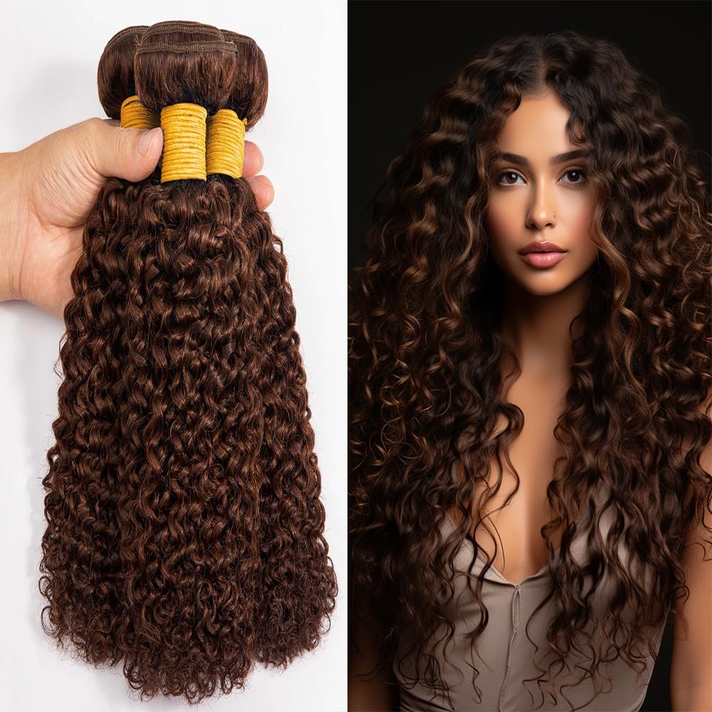 #4 Dark Brown Deep Curly Weave Bundles Human Hair Chocolate Brown Kinky Curly Bundles Double Weft Brazilian Remy Hair Extensions Wet and Wavy Bundles Silky Soft for Black Women(26 26 26 Inch)