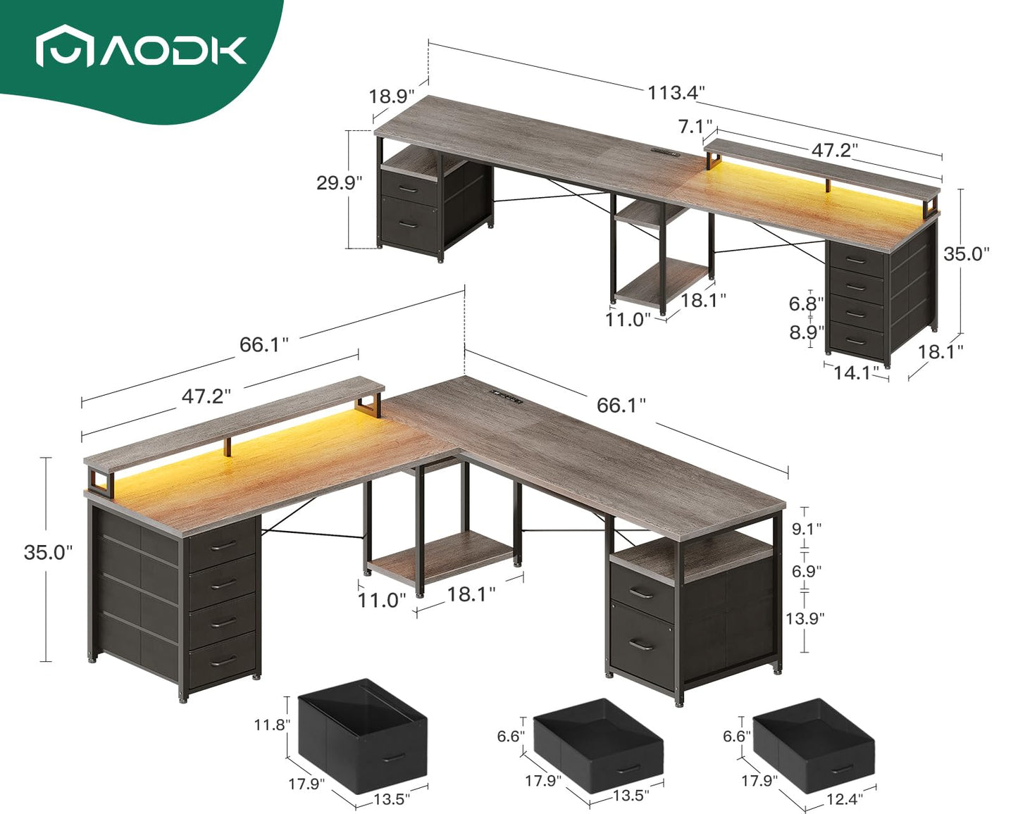 AODK 66" L Shaped Desk, 113" Computer Desk with File Cabinet & 4 Fabric Drawers, Home Office Desk with Monitor Shelf & Power Outlet, Two Person Desk or Corner Desk, Gaming Table with LED Light, Grey