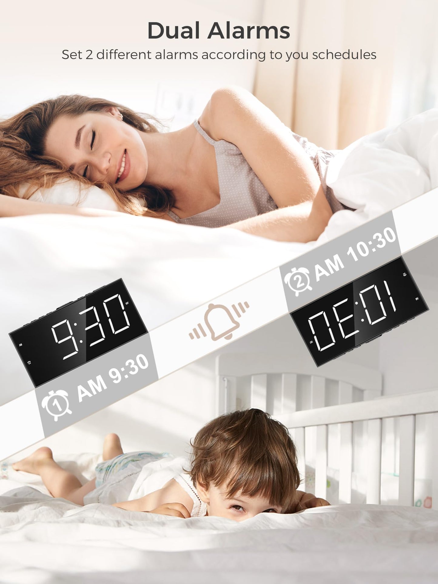 Alarm Clock for Bedroom, 2 Alarms Loud LED Big Display Plug in Simple Basic Digital Clock with USB Charging Port, Adjustable Volume, Dimmable, Snooze for Deep Sleepers Kids Elderly Home Office