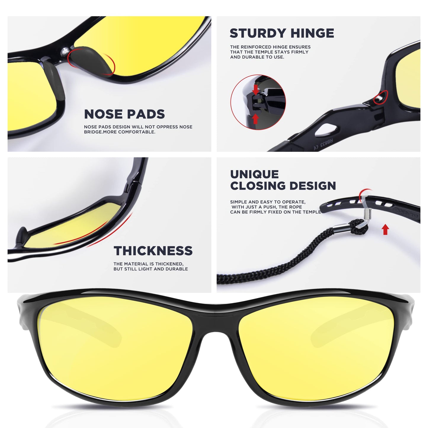 RIVBOS Mens Sunglasses Polarized UV Protection TR90 Unbreakable Frame Sports Driving Fishing Cycling RB833-black Night Version Lens