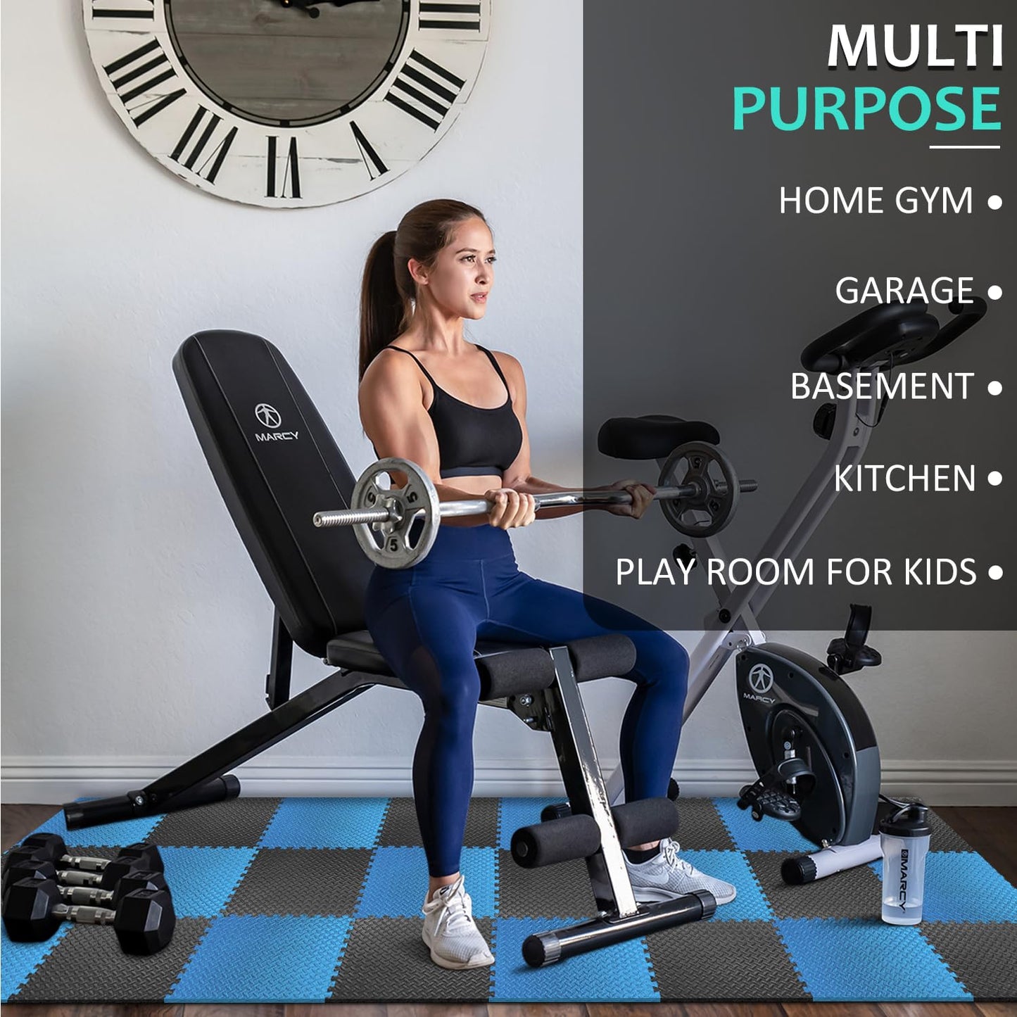 BEAUTYOVO Puzzle Exercise Mat with 24 Tiles Interlocking Foam Gym Mats, 24'' x 24'' EVA Foam Floor Tiles, Protective Flooring Mats Interlocking for Gym Equipment (96 Sq.Ft/24 Tiles - Black&Blue)