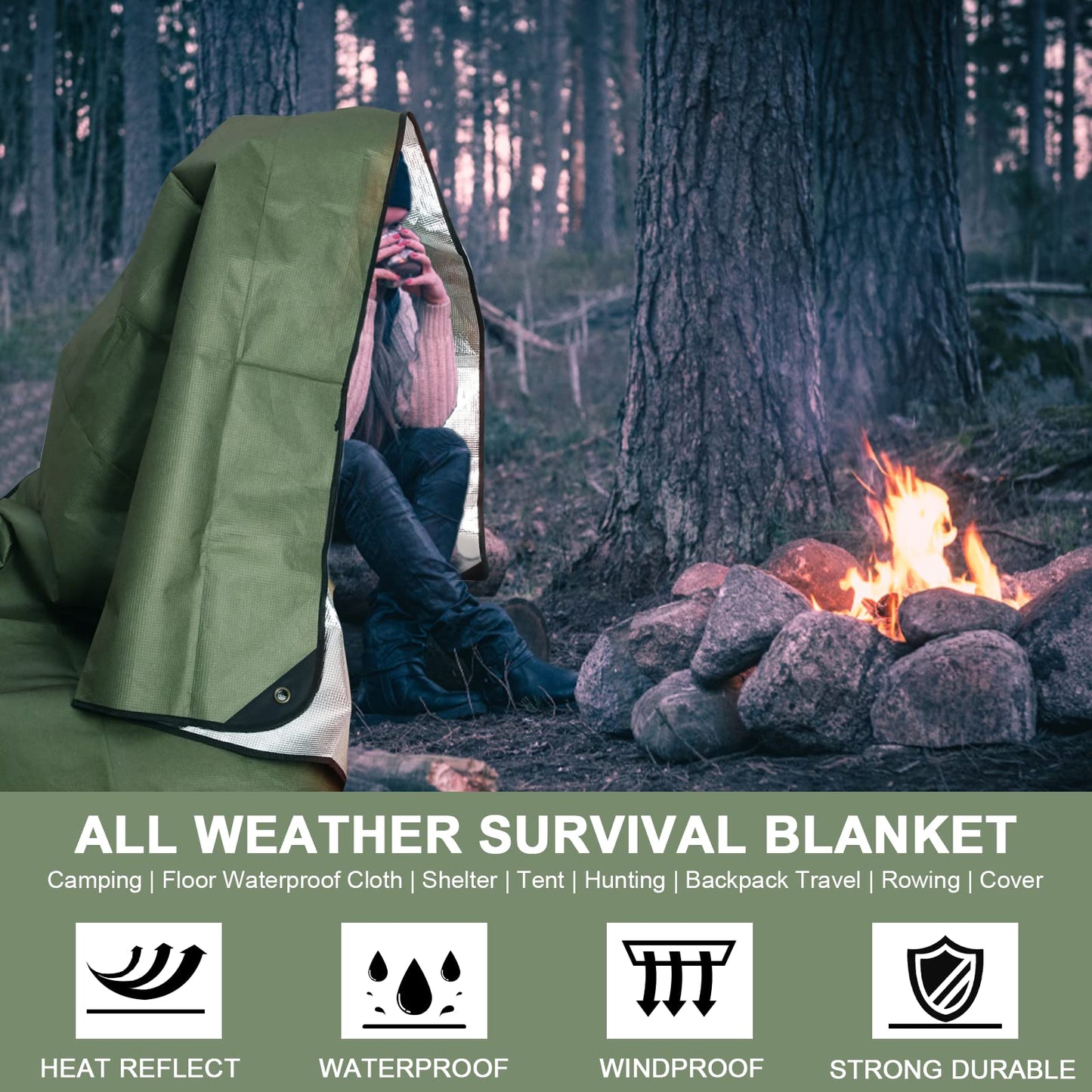 BESTHUNTINER Heavy Duty Survival Blanket -Multifunctional Reflective Tarp Thermal Blanket - 60" x 83" Waterproof Sandproof for Camping Hiking Outdoors Multifunctional Emergency Blanket