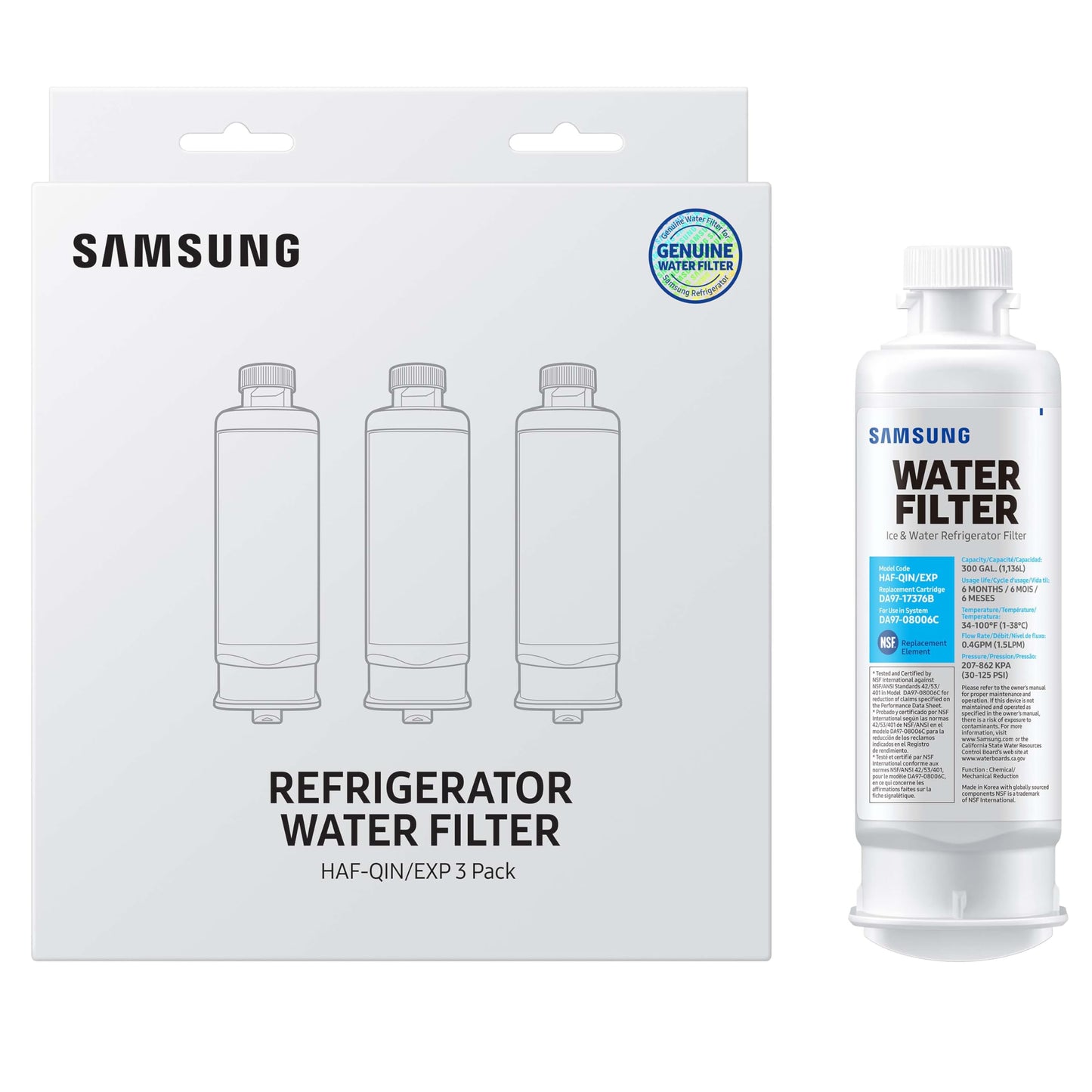 SAMSUNG Genuine Filters for Refrigerator Water and Ice, Carbon Block Filtration for Clean, Clear Drinking Water, HAF-QIN-3P, (Pack of 3)