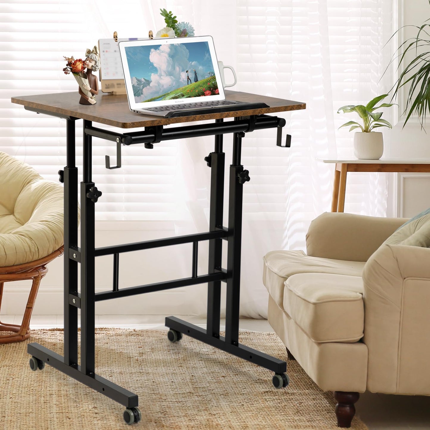 SIDUCAL Mobile Standing Desk, Portable Stand Up Desk, Small Adjustable Converter with Wheels Home Office Workstation, Rolling Laptop Cart for Sitting, Rustic Brown