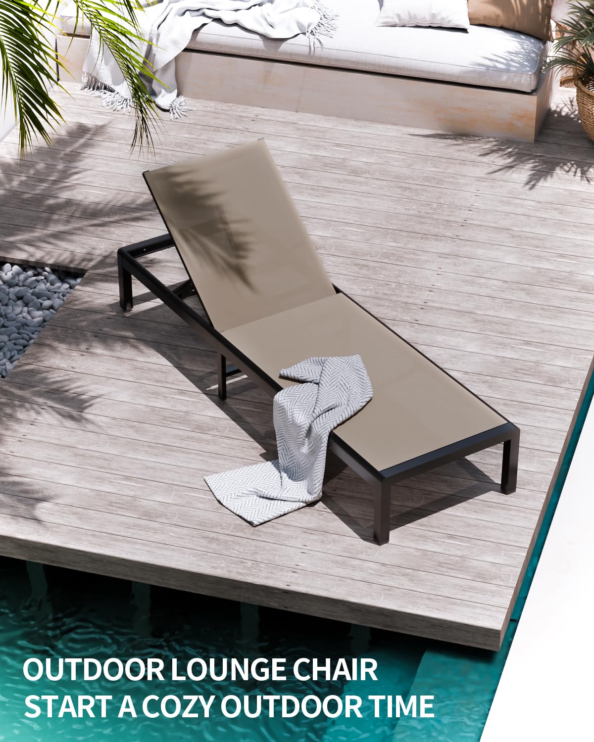 WOAJNQO Aluminum Lounge Chairs Outdoor Chaise Furniture,2 Sets Patio Metal Deck Lounger Adjustable 5-Position Poolside Chase Recliner with Wheels for Beach,Coffee Table,(Khaki, 2 Chair + Table
