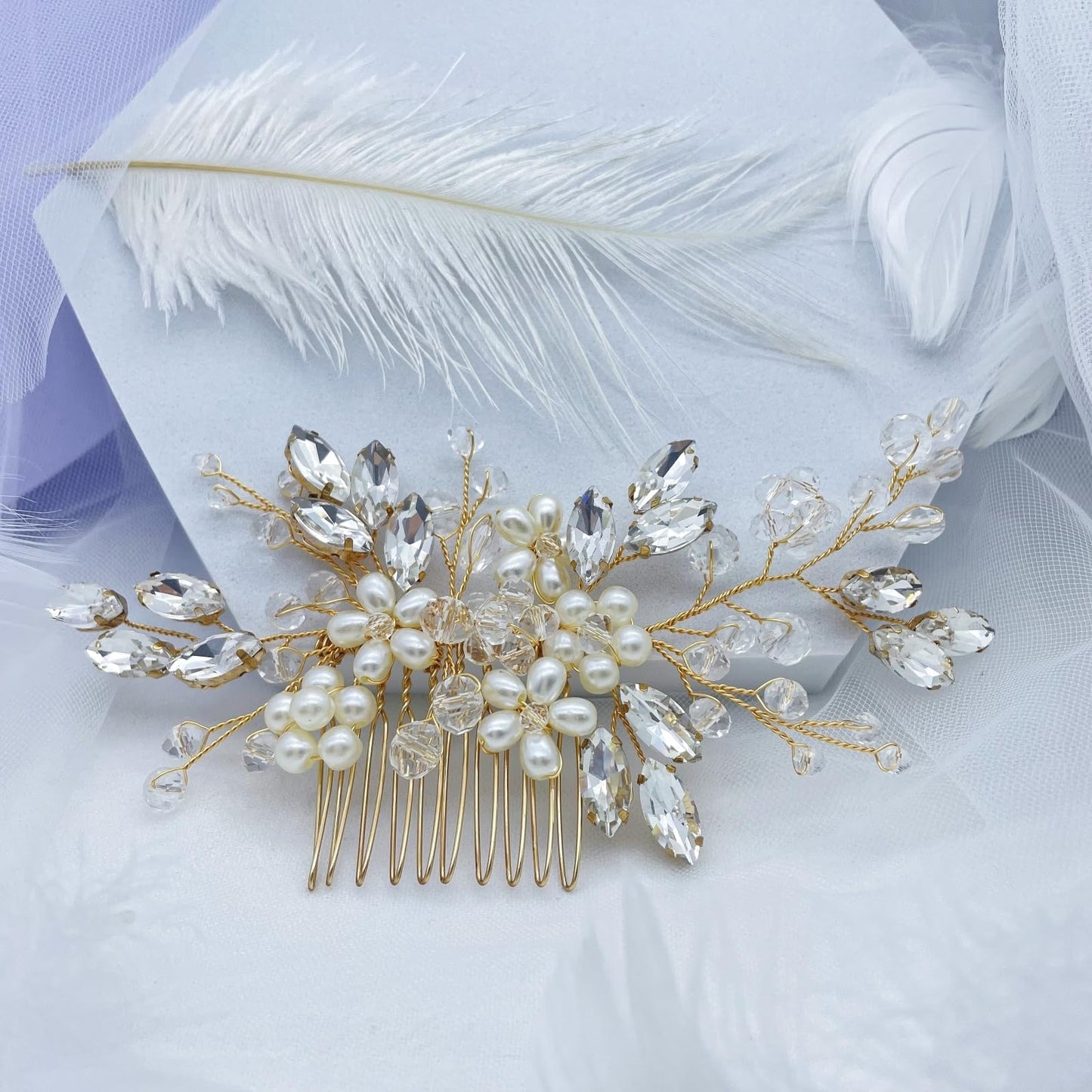 MirthCity Hair Comb, Bride Wedding Hair Piece with Pearl Flower Bead, Handmade Rhinestone Leaf Flower Girl Hair Accessories for Women, Gold