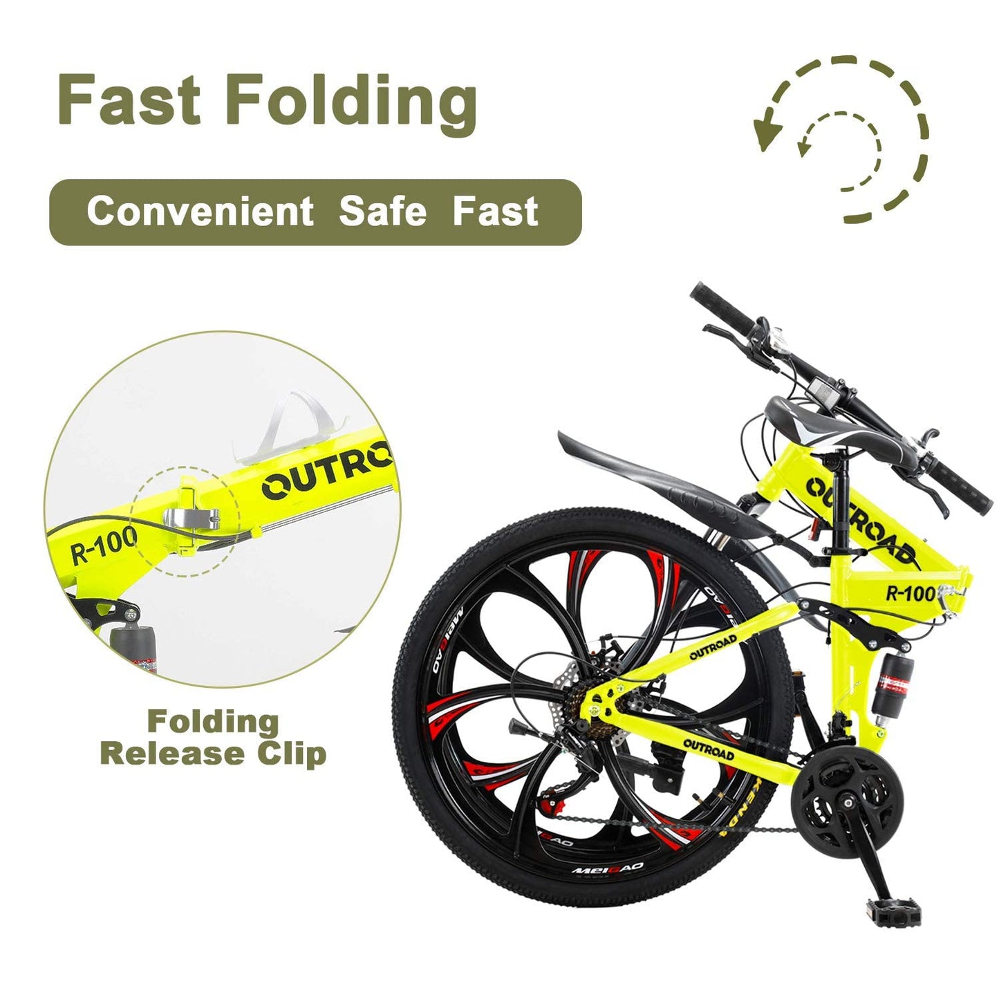 Omelaza 26 ich Folding Mountain Bike, 21 Speed Mountain Bike for Adults, Foldable Bicycle with Dual-disc Brake System, Front Suspension Folding Bicycle for Men and Women Green