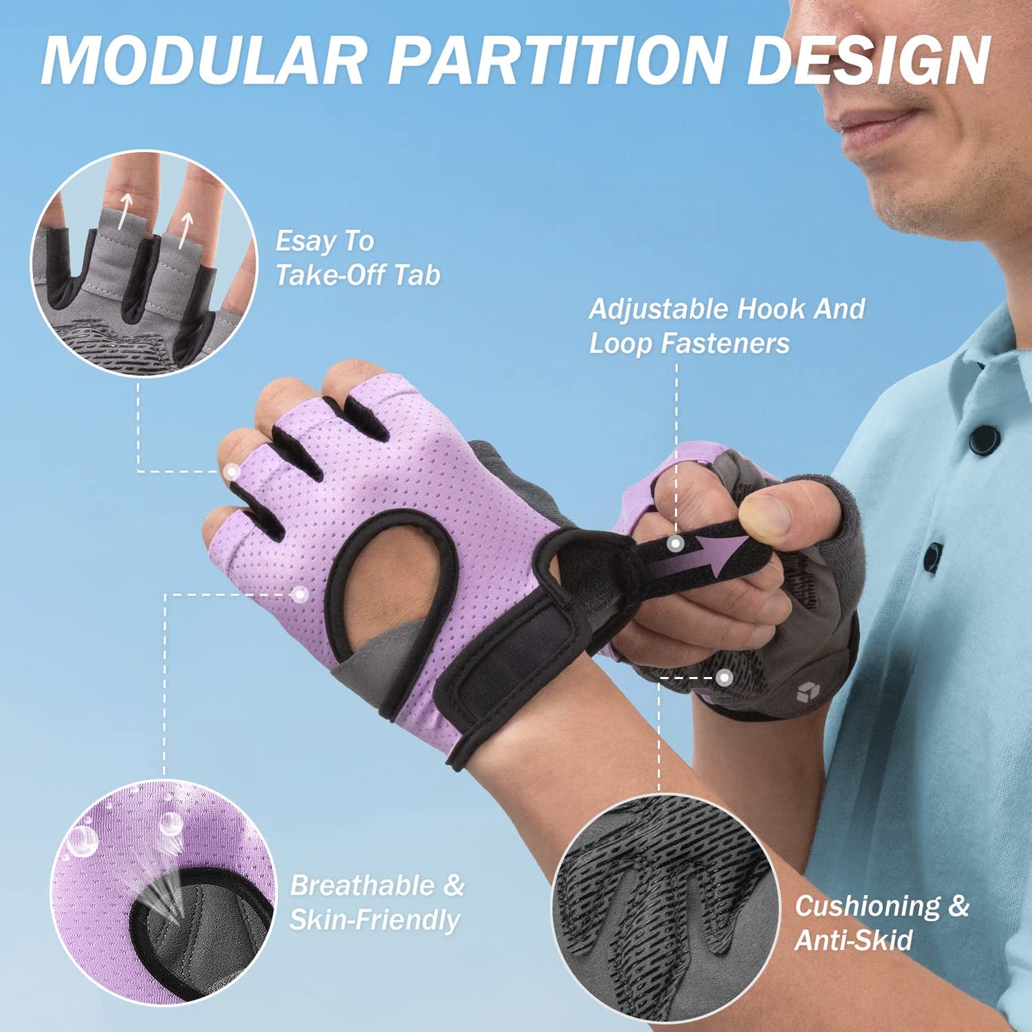 LIFECT Freedom Workout Gloves, Knuckle Weight Lifting Shorty Fingerless Gloves with Curved Open Back, for Powerlifting, Gym, Women and Men (Purple, X-Small)