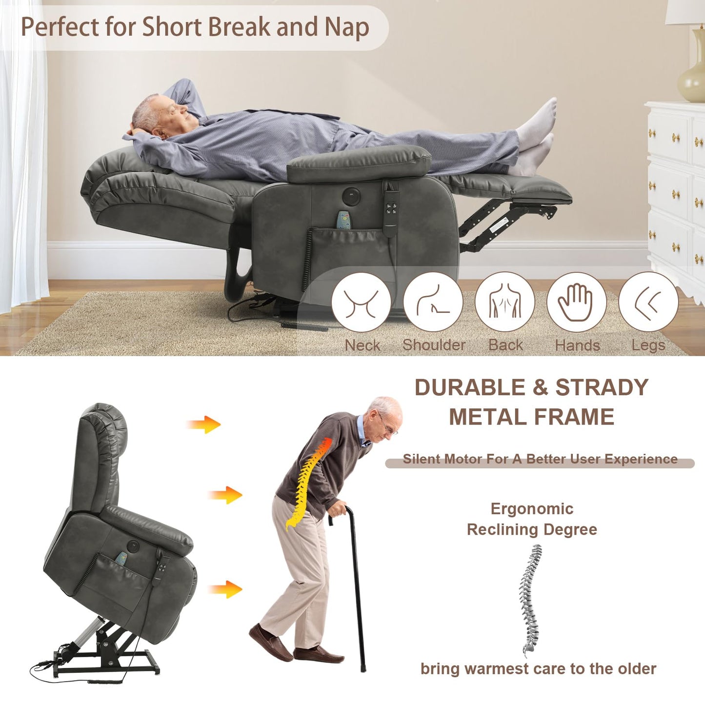 MEROUS Dual Motor Large Power Lift Recliner Chair for Elderly with Heat and Massage,Lay Flat Lift Chairs Recliners for Seniors Infinite Position,USB Port&Remote,Genuine Leather(Silver Grey)