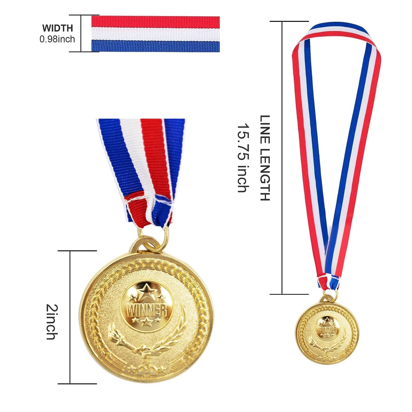 HDWerker 12 Pieces Metal Winner Gold Award Medals Bulk for Awards, Olympic Style Medals Gold Prizes with Neck Ribbon,for Adults Sports, Competitions, Party Events(Gold/12PCS)