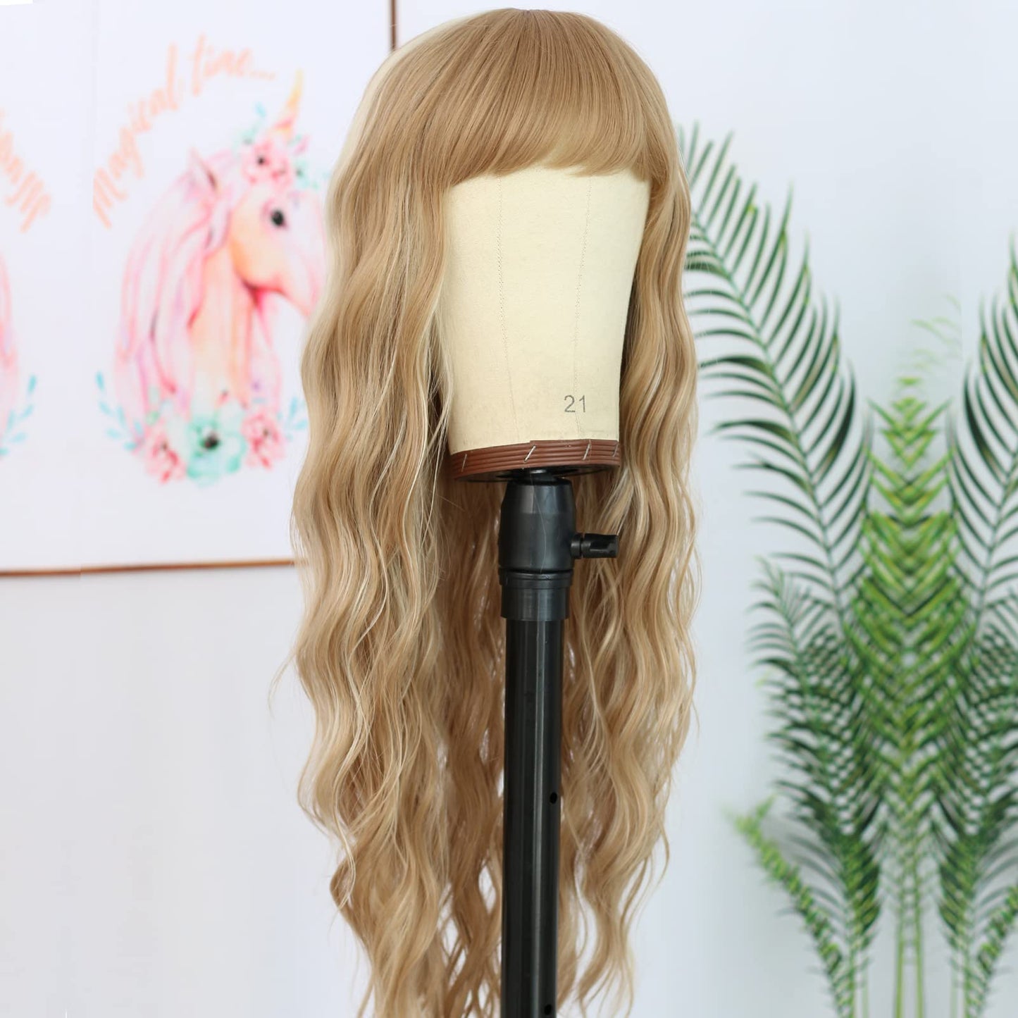 ANDRIA Blonde Wig Brown with Blonde Stripe Highlight Long Loose Curly Wavy Wig with Bangs Synthetic Heat Resistant Fiber Hair Colorful Wigs for White Women(Brown with Blonde Stripe Highlight)