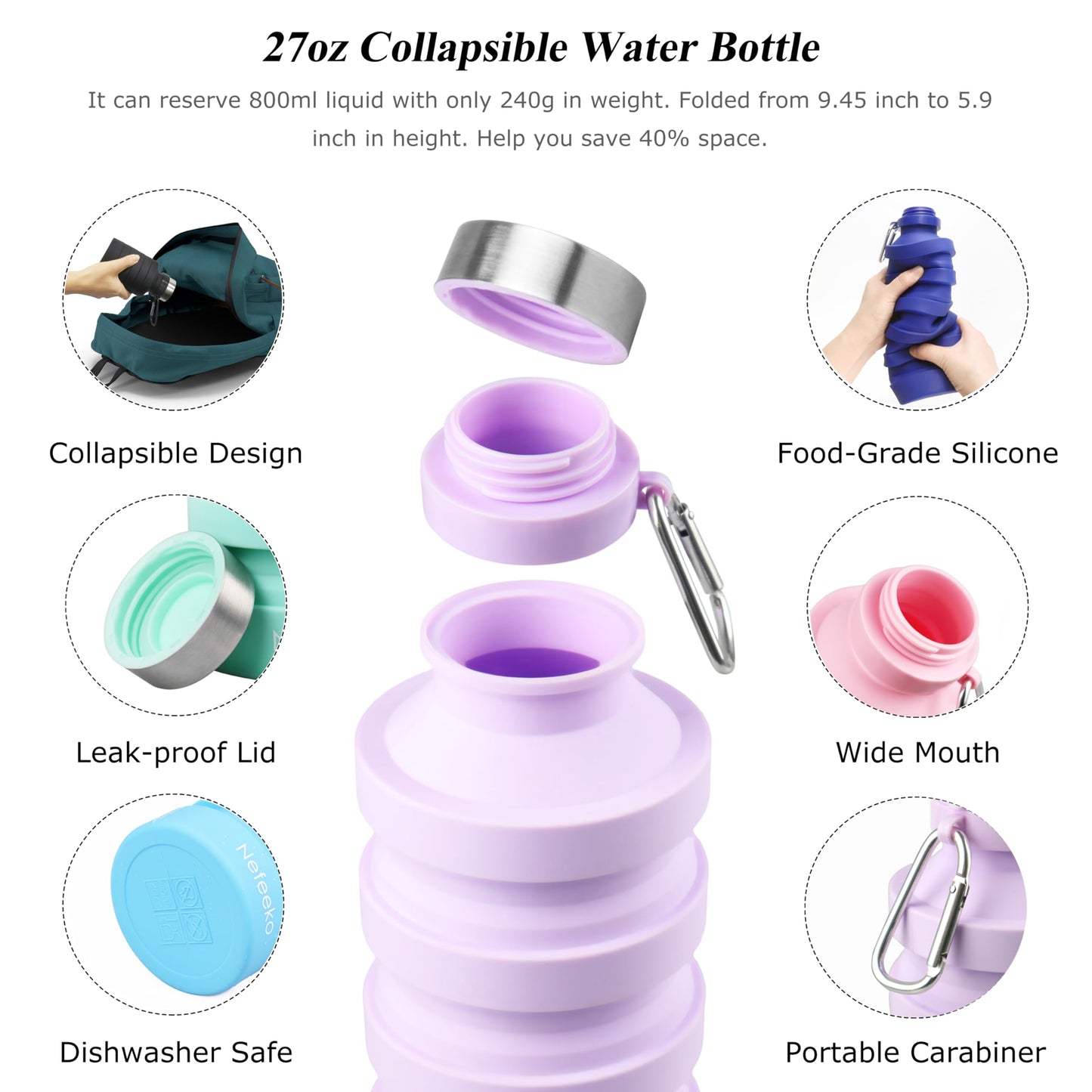 Nefeeko Collapsible Water Bottle, Reuseable BPA Free Silicone Foldable Water Bottles for Travel Gym Camping Hiking, Portable Leak Proof Sports Water Bottle with Carabiner
