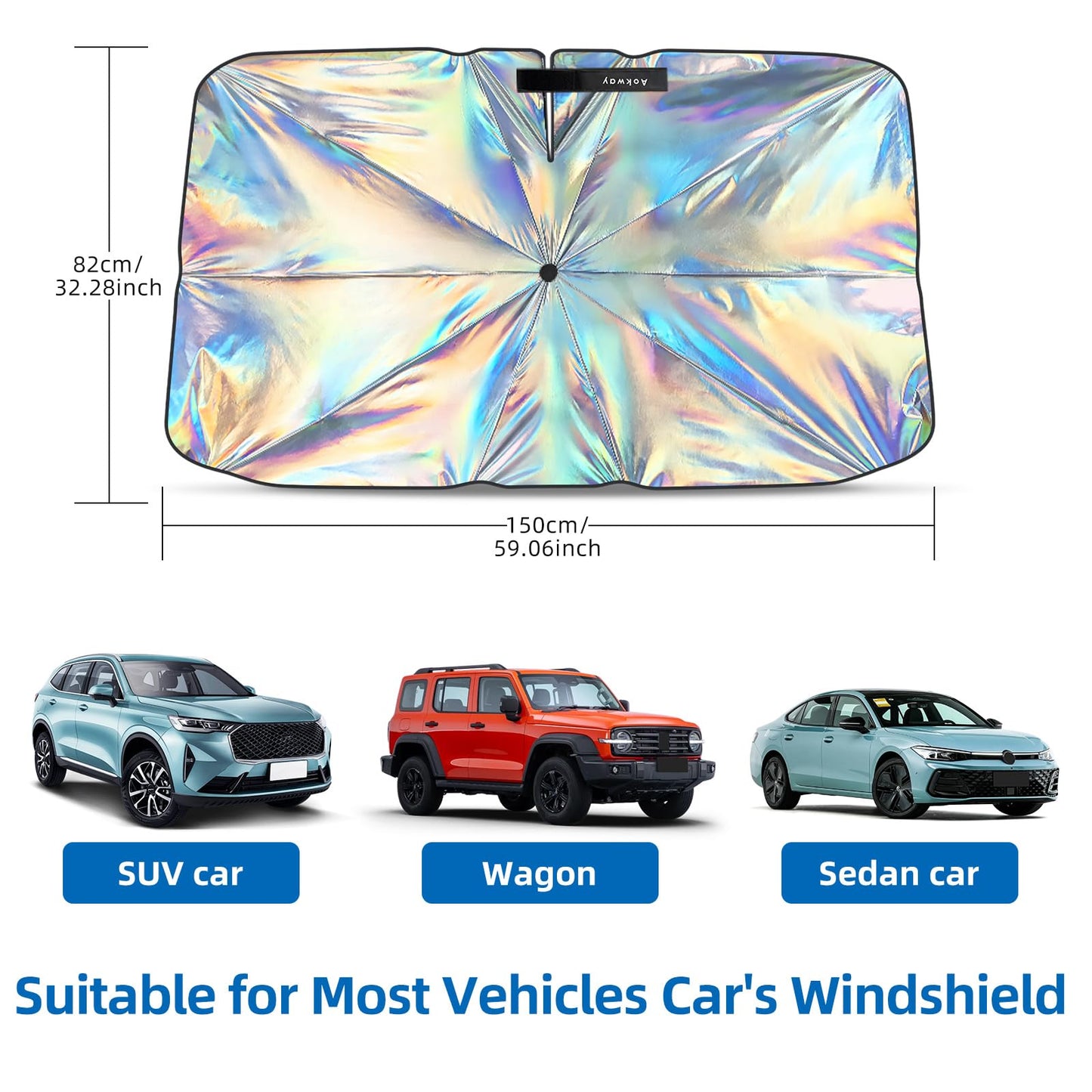 AOKWAY Windshield Sun Shade Umbrella, Foldable Car Sunshade with UV Blocking - Protect Car from Sun Rays & Heat Damage Keep Cool and Protect Interior,Medium (59.1" L x 32.2" W)