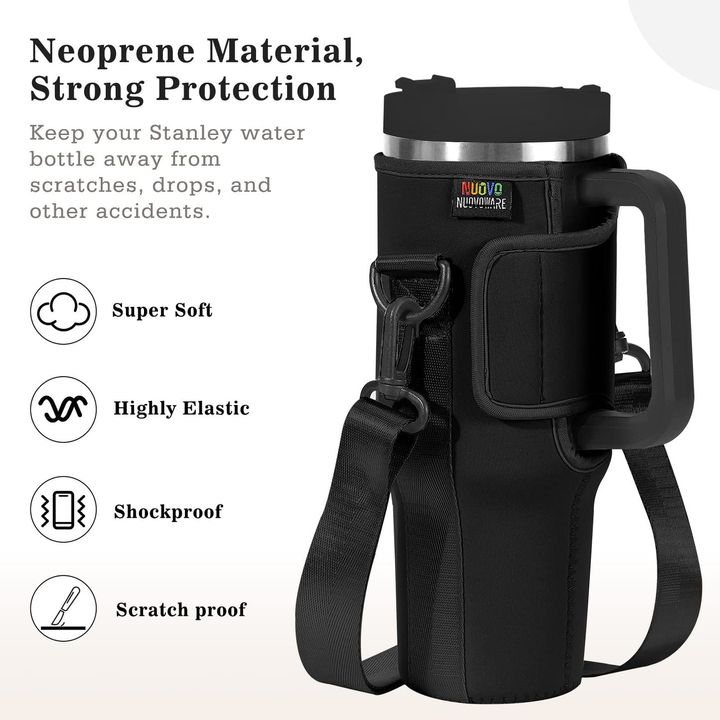Nuovoware Water Bottle Carrier Bag Fits Stanley 40 Oz Tumbler with Handle, Water Bottle Bag with Adjustable Shoulder Strap, Neoprene Water Bottle Holder for Stanley Water Bottle Accessories, Black