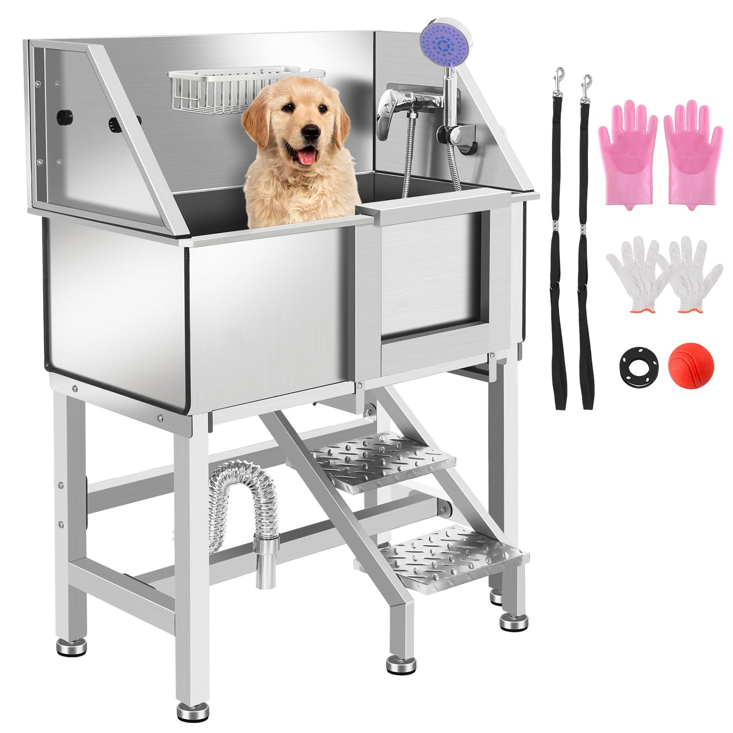 OLIPIC Stainless Steel Dog Washing Station for Large Dogs, Dog Grooming Tub for Home, Professional Dog Bathtub Bathing Station, Pet Wash Station, Dog Shower Tub with Stairs, Drain & Door,34" R-RAMP