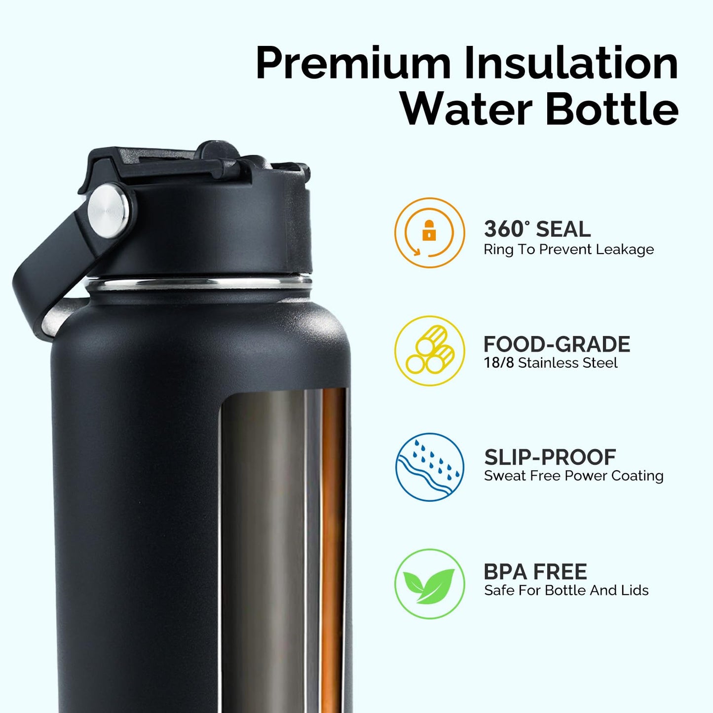 Kerilyn 32oz Stainless Steel Insulated Water Bottle, Double Wall Vacuum, Leak Proof with Silicone Straw, Wide Mouth, BPA Free, Copper Lined, Keep Cold 24h Hot 12h, Black