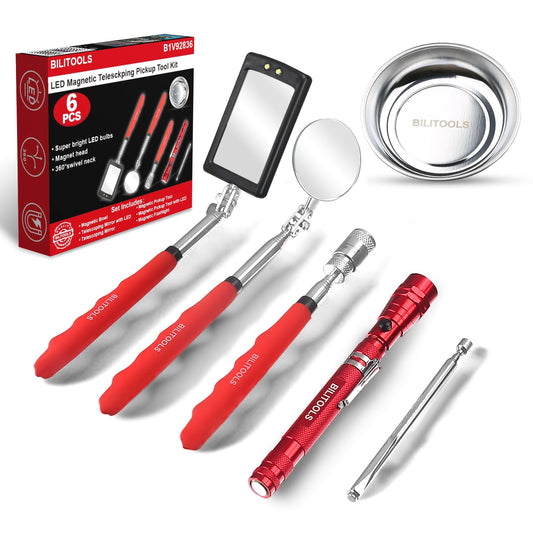 BILITOOLS 6 Piece Telescoping Magnetic Pickup Tool Set, Extendable Mechanic Magnet Retrieval Tool Set Ideal Father's Day Gifts Gift for Men Dad Husband & Brother