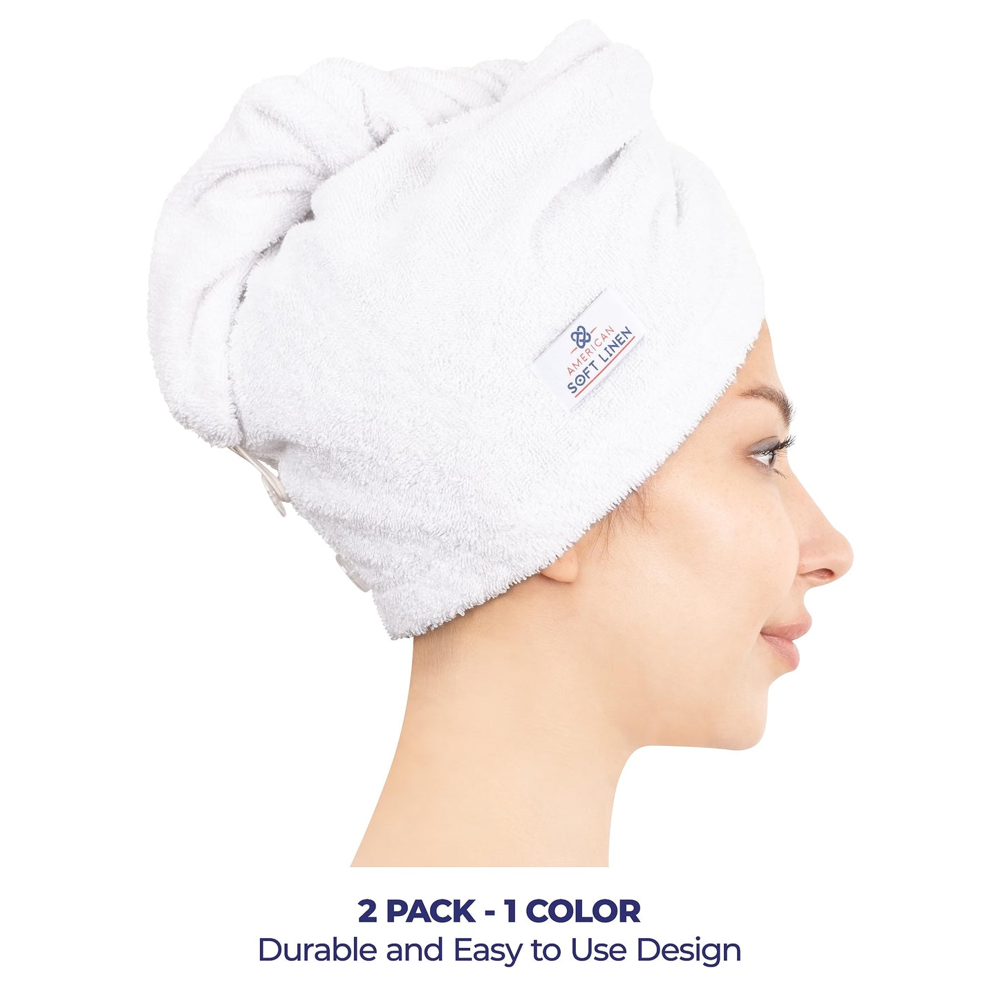 American Soft Linen 100% Cotton Hair Towels for Women, Head Towel Cap, Cotton Hair Turban Towel Wrap for Long Curly Anti Frizz Hair, Soft and Absorbent Cotton Hair Towels 2 Pack, White